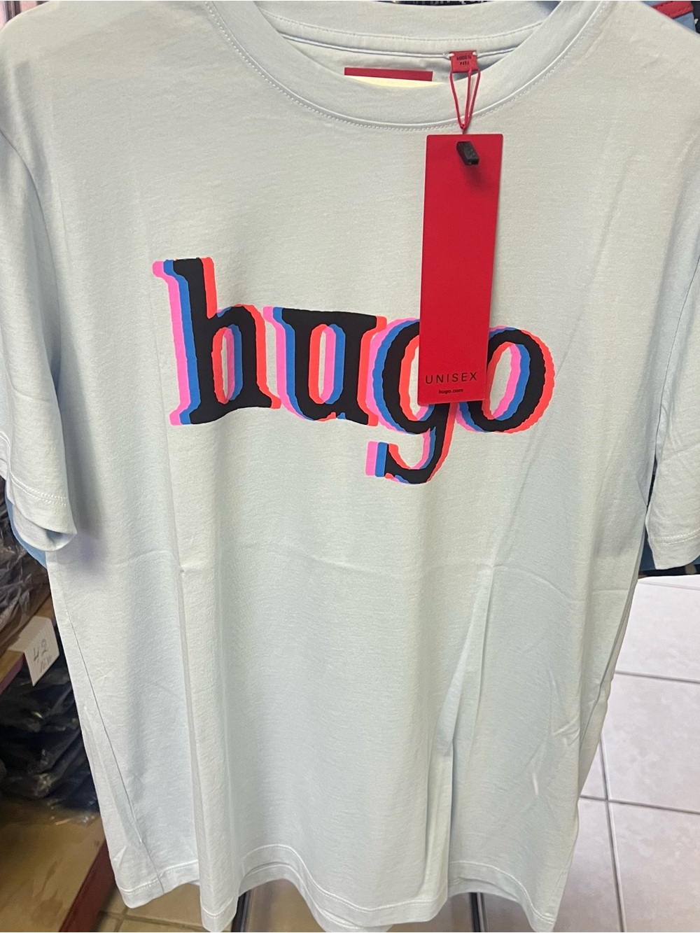 HUGO White Tee with Black, Pink & Blue Logo